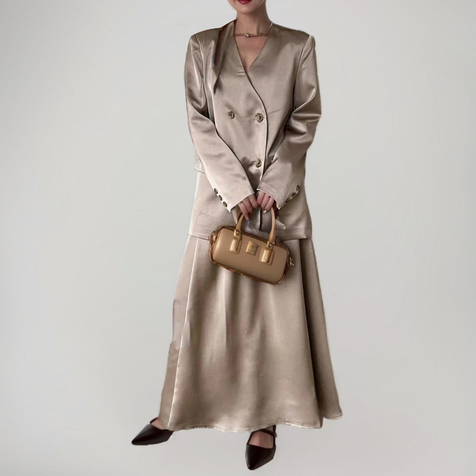 Double Breasted Women's Suit Jacket and Skirt Set in Solid Colors