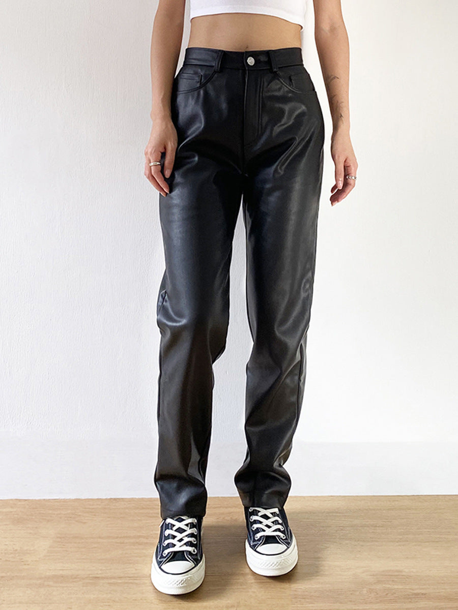 Black High Waist Bag Hip Slim Straight Leg Faux Leather Pants