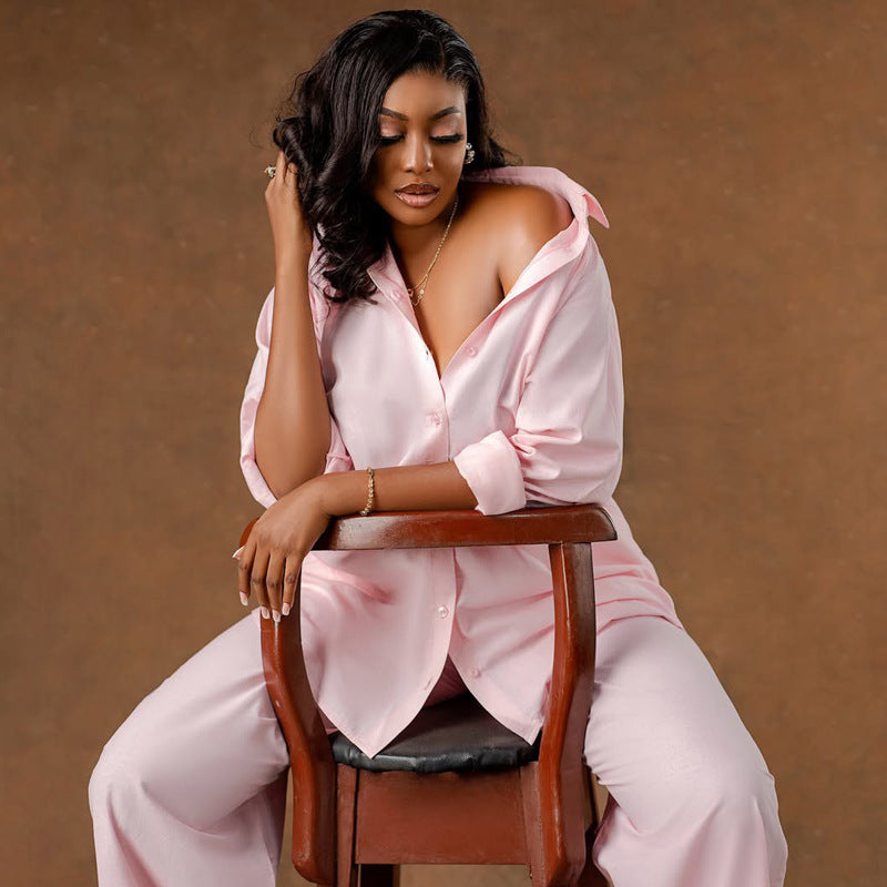 Pink Long Sleeve Shirt Cardigan & Wide Leg Pants Two-Piece Suit