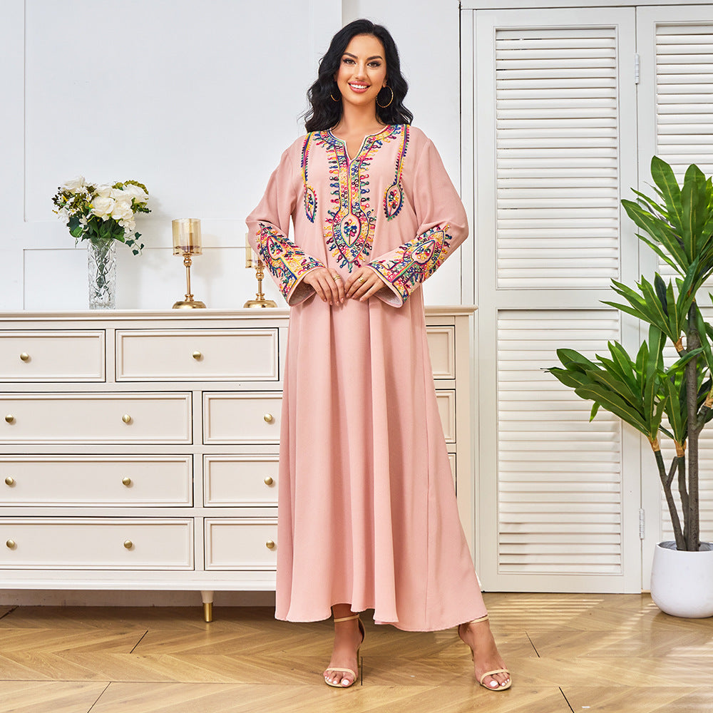 Pink Embroidered Middle Eastern Long Sleeve Dress for Women S-XXL Polyester