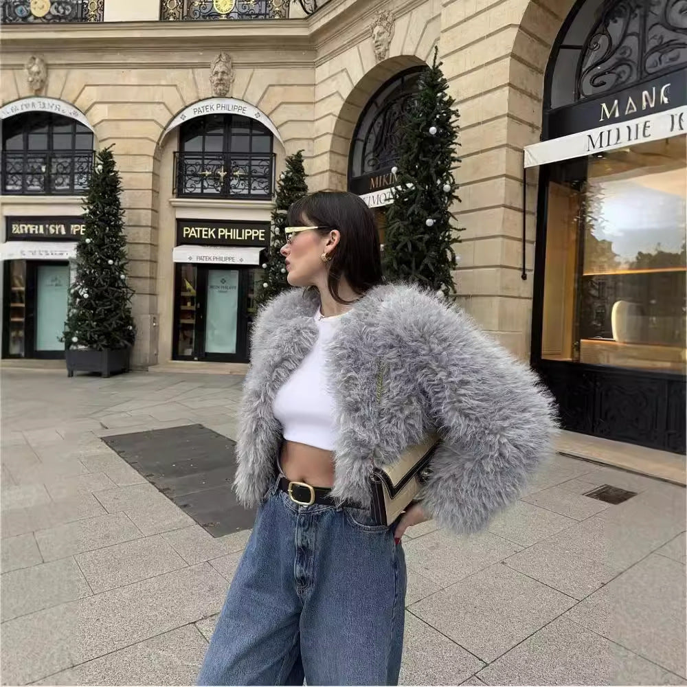 Light Gray Round Neck Artificial Fur Short Coat