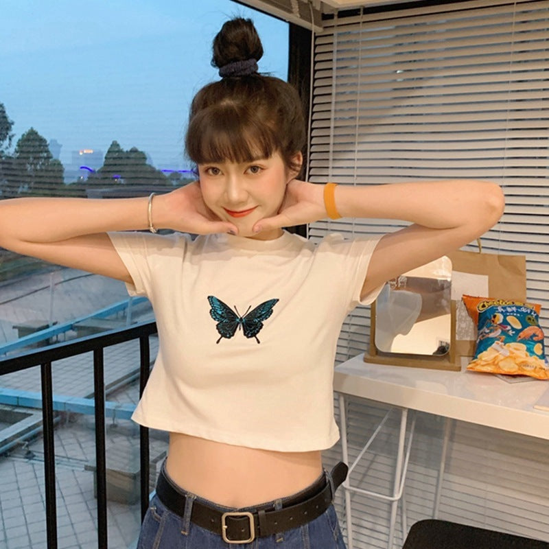 Women's Short-Sleeve Butterfly Print Cotton Blend Crop Top