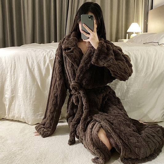 Thickened Flannel Nightgown for Women in Brown & Blue, Sizes M-XXL