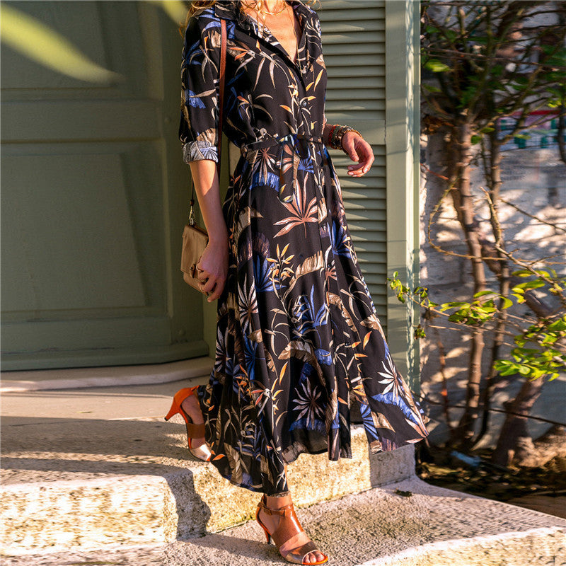 Robe Madrid vintage en mousseline col en V ligne A imprimée taille haute S-XXXL