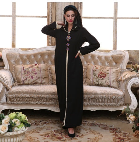 Pure Color Beaded Hooded Middle Eastern Robe Dress