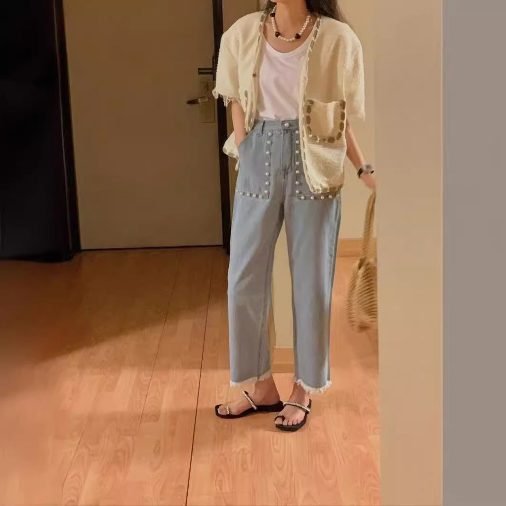 Light Blue High Waist Pearl Pocket Elastic Waist Cropped Jeans