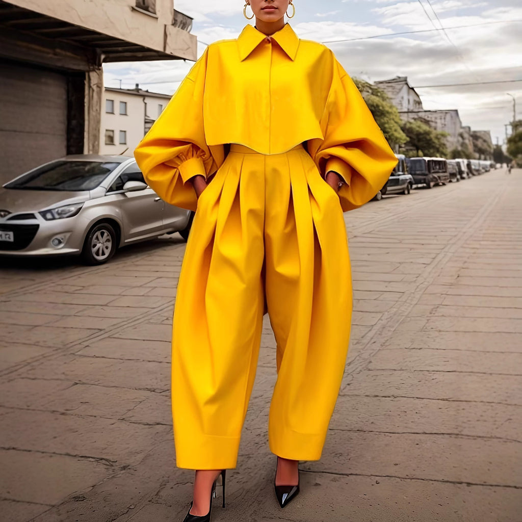 Ensemble sweat à capuche asymétrique à manches longues et pantalon sarouel jaune tournesol pour femme