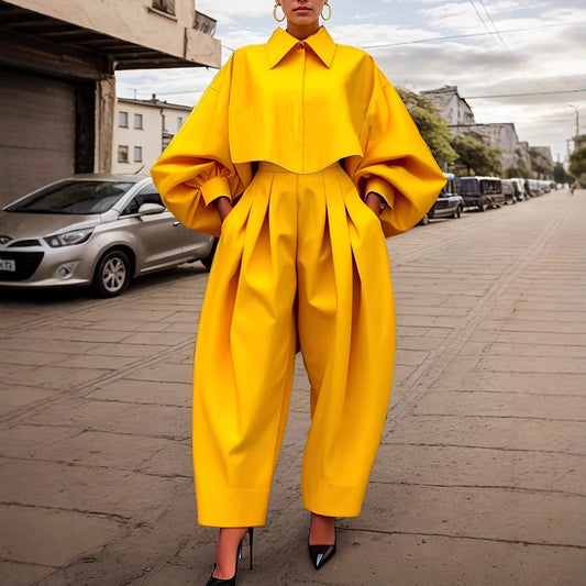 طقم ملابس نسائية جديد: هودي بأكمام طويلة غير متماثلة وبنطال واسع