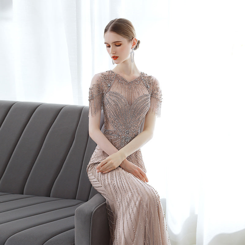 Robe de soirée sirène rose racine de lotus de luxe pour femme