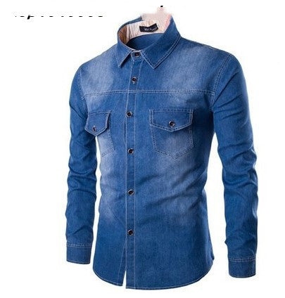 Men's Cotton Denim Shirt Stand Collar Long Sleeve