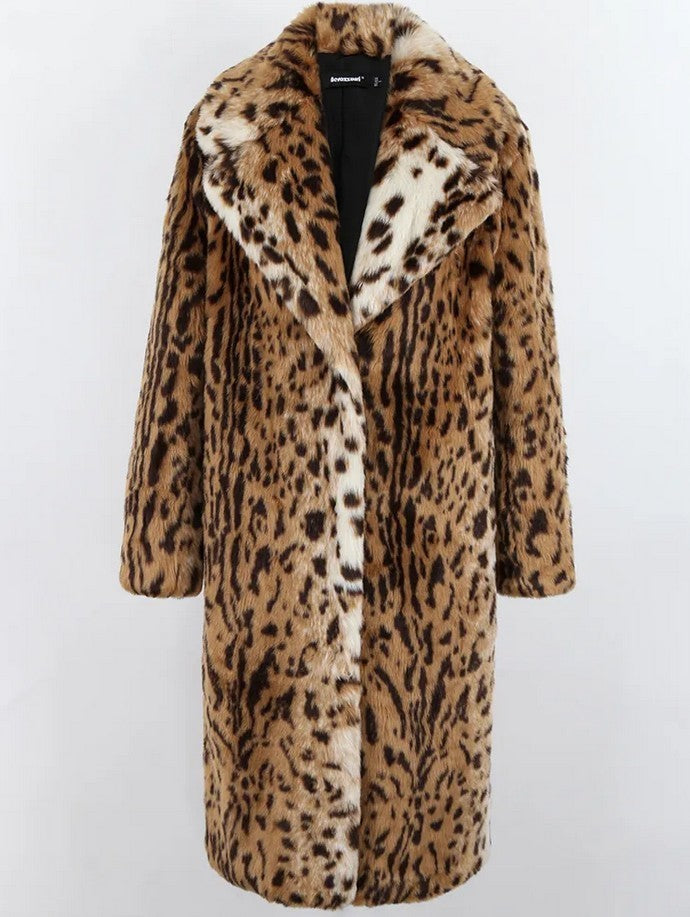 European & American Leopard Print Faux Fur Coat with Extended Wool