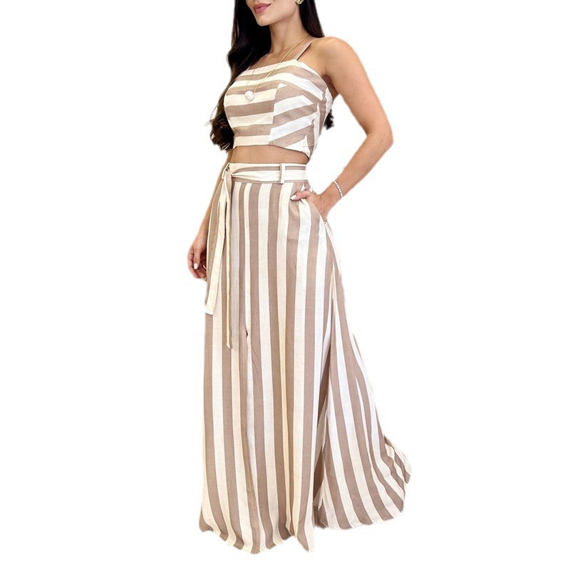 Striped Print Skirt Suit for Women Sleeveless Elegant Style