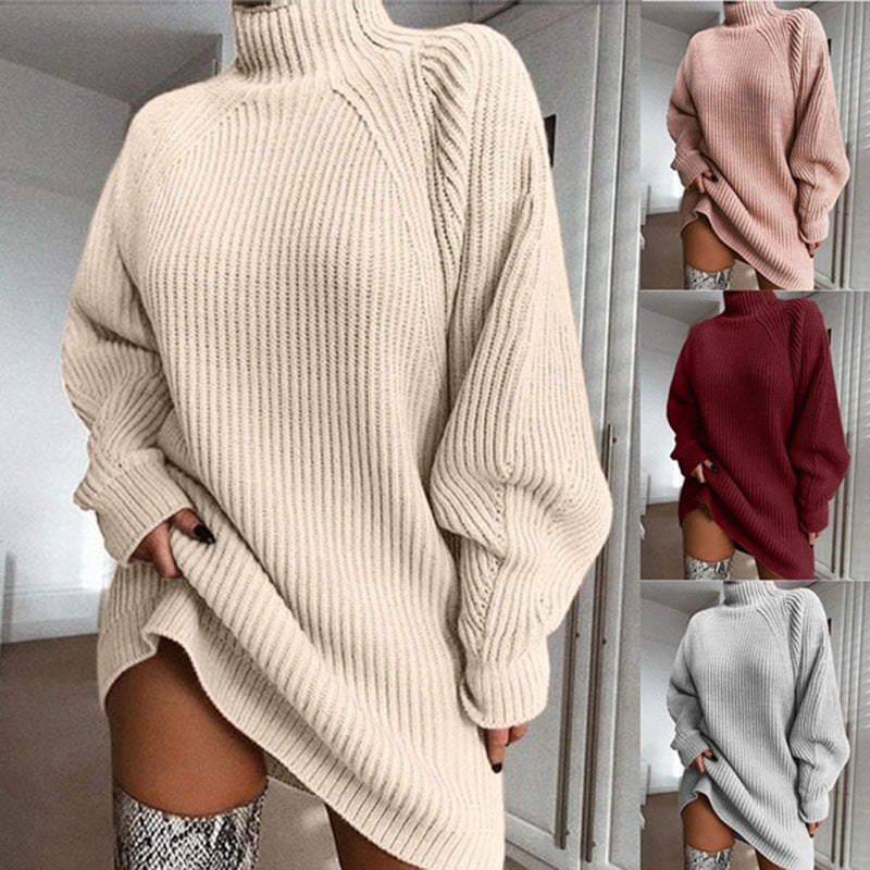 Robe pull mi-longue à col roulé, manches raglan en velours vison