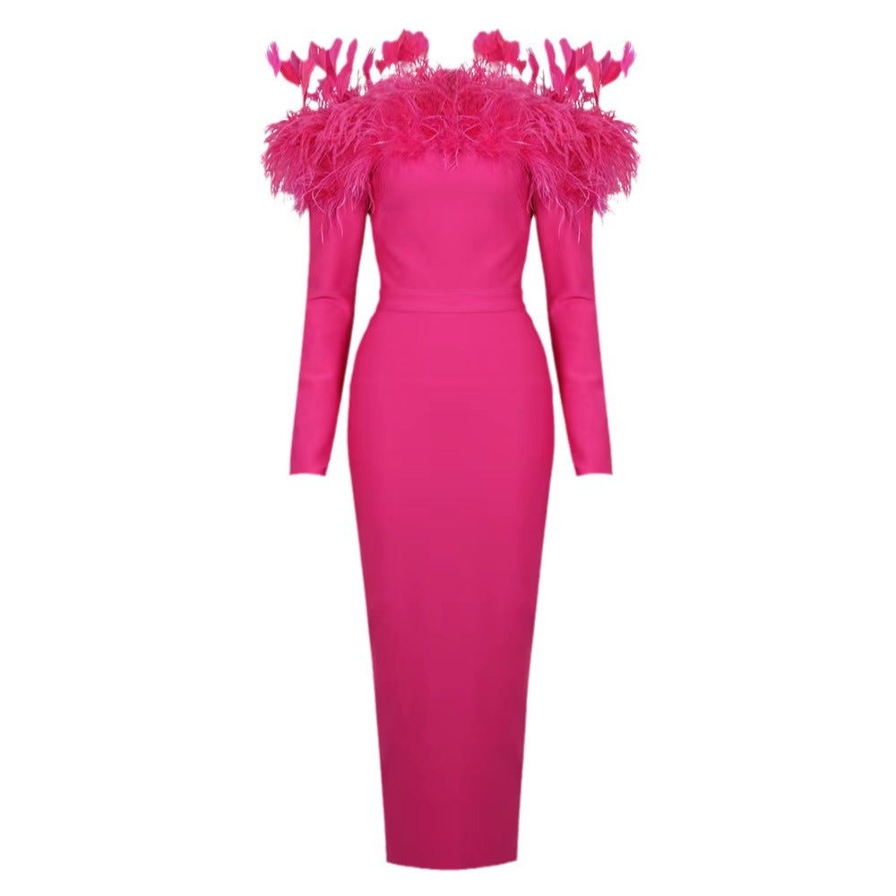 Summer Feather Long Sleeve Bandage One-Piece Dress