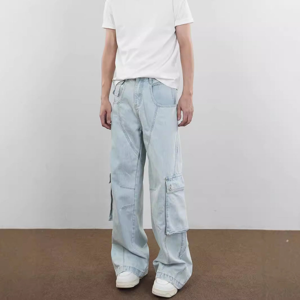 American Retro Gender-Free Blue Cotton Casual Pants Mid Waist S-3XL