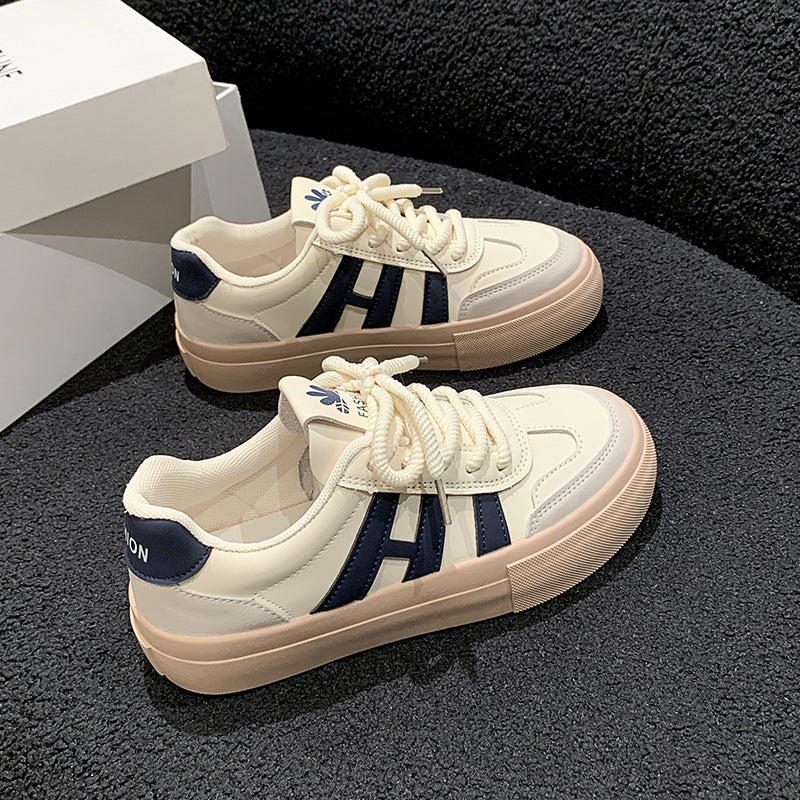 Thick-Soled Casual Lace-Up Sports Board Shoes for Students in Khaki & Blue