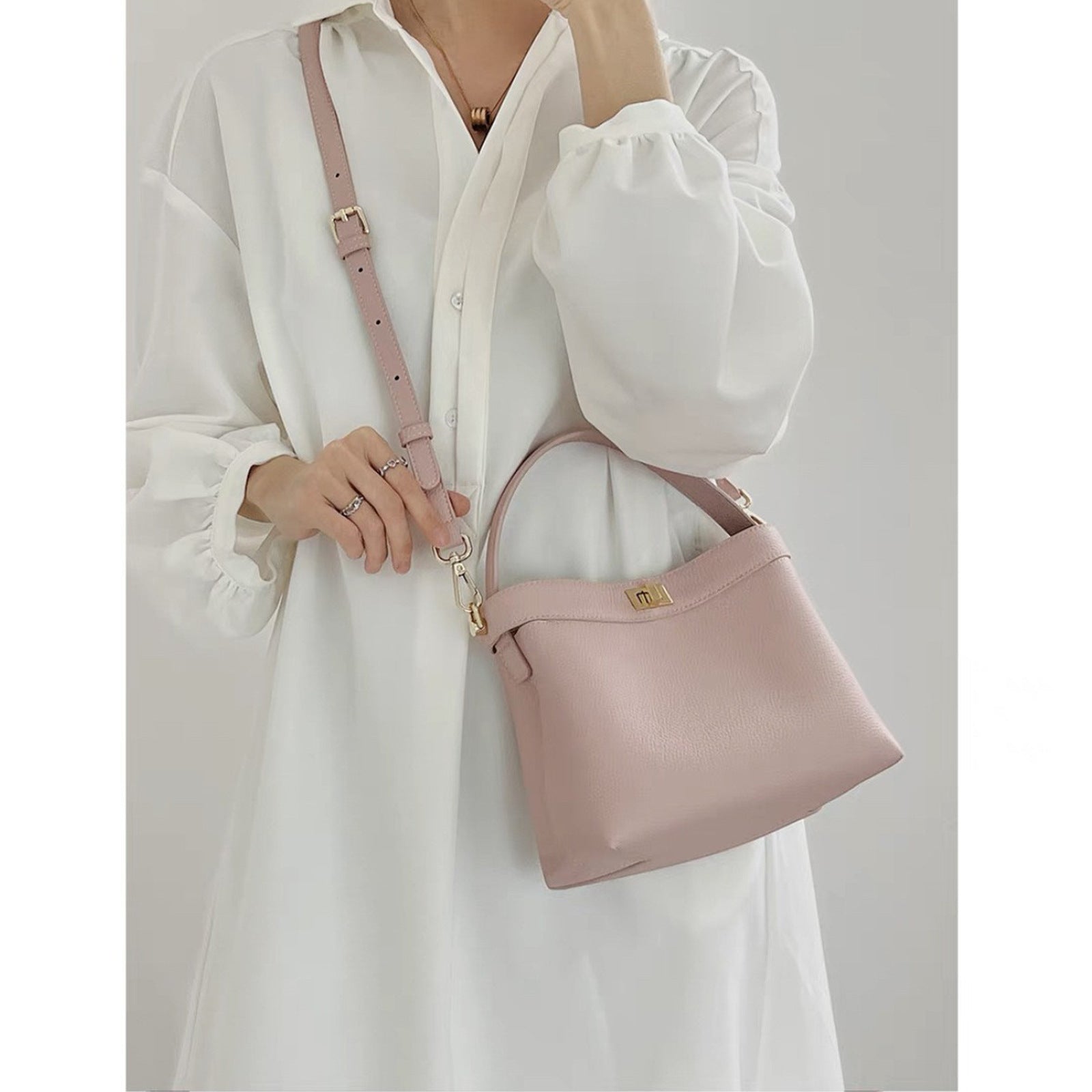 Women's Genuine Leather Bucket Crossbody Bag - Versatile, Simple, 20cm