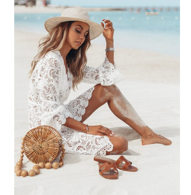 Sexy lace hook flower long sleeve V-neck dress