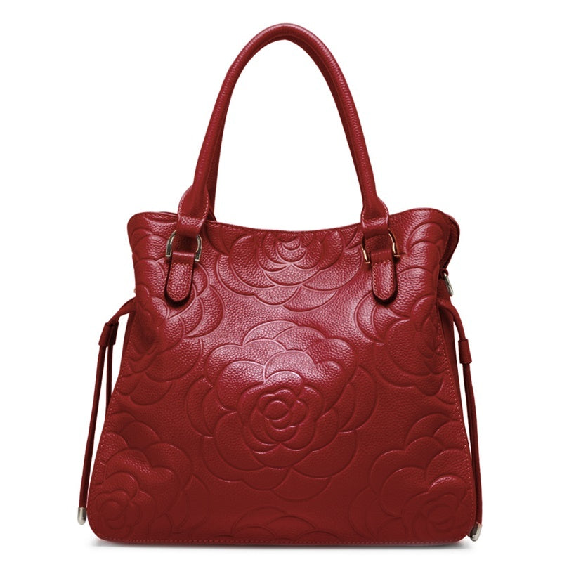 ZENCY Rose Pattern Leather Handbag – Cowhide, Multiple Colors, 30x28x11cm