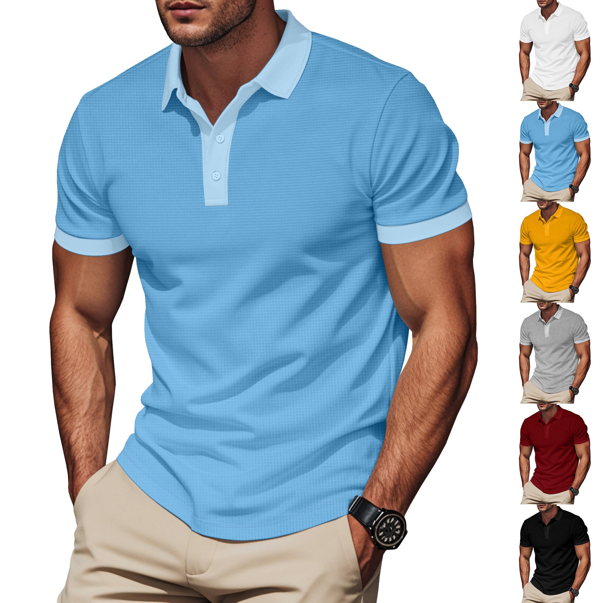 Plus Size Men’s Short Sleeve Pullover with Lapel Color Match