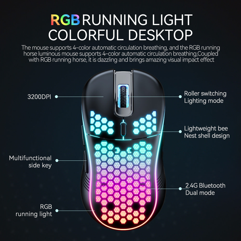 Dual Mode RGB Wireless Bluetooth Honeycomb Shell Gaming Mouse Black