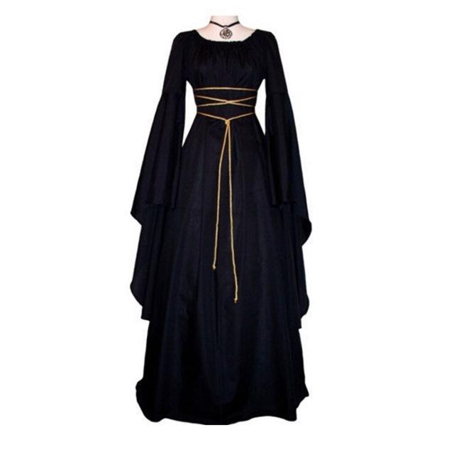 Robe d'Halloween pour femme, manches longues, col rond et ceinture, coupe asymétrique, costume de sorcière.