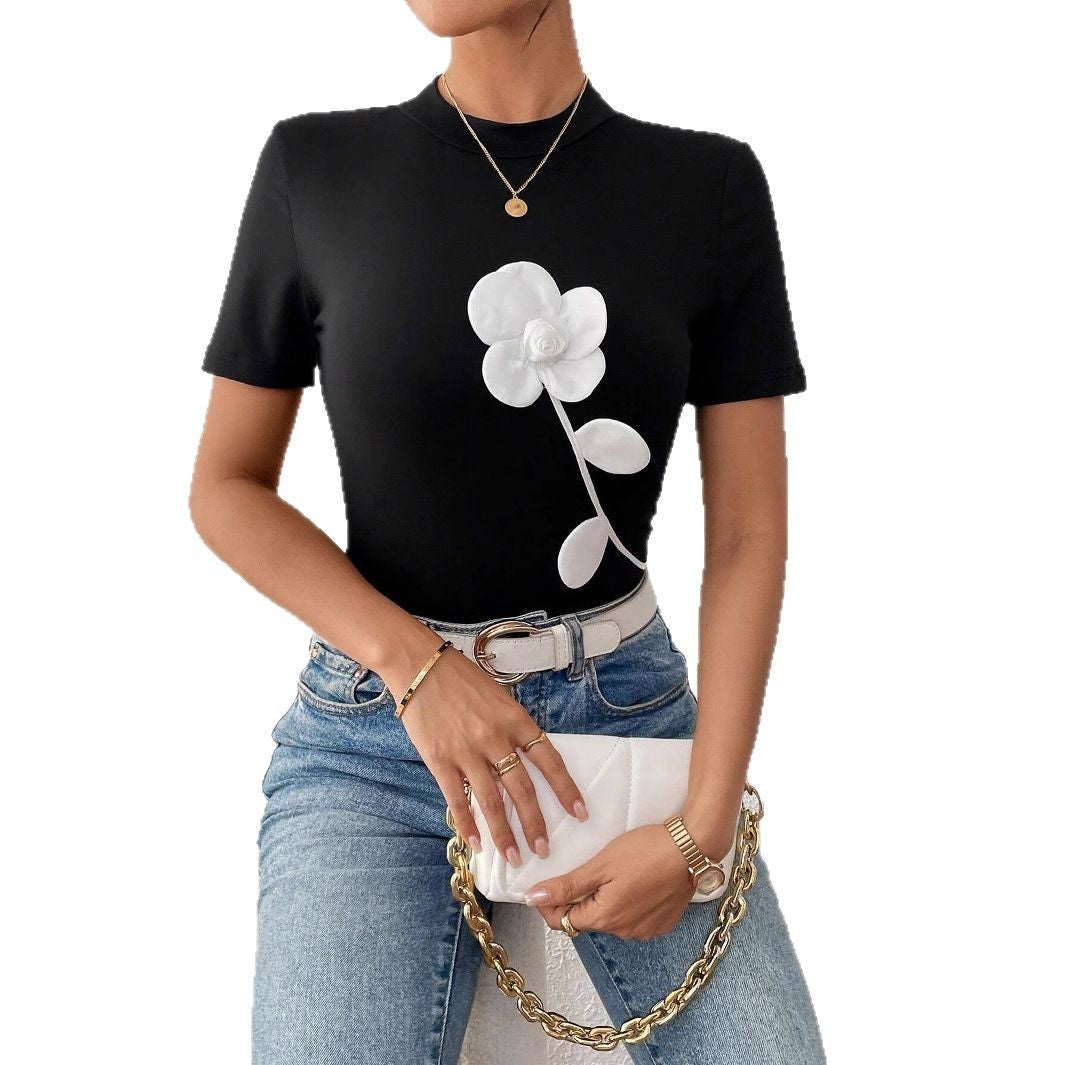 Ladies Slim Fit Black 3D Floral Embroidered Short Sleeve Pullover
