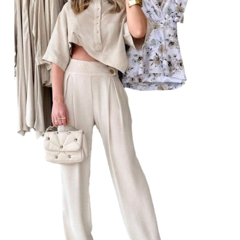 Light Gray Irregular Top & Casual Pants Suit – Polyester, S-XXL, Japanese Korean Style