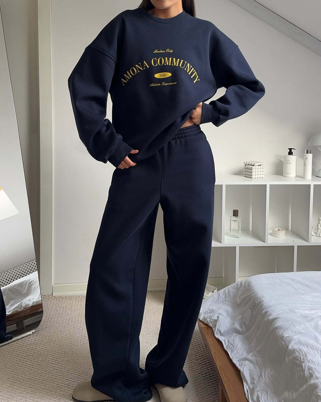 Ensemble deux pièces décontracté rétro avec pull et imprimé de lettres urbaines, col rond ample