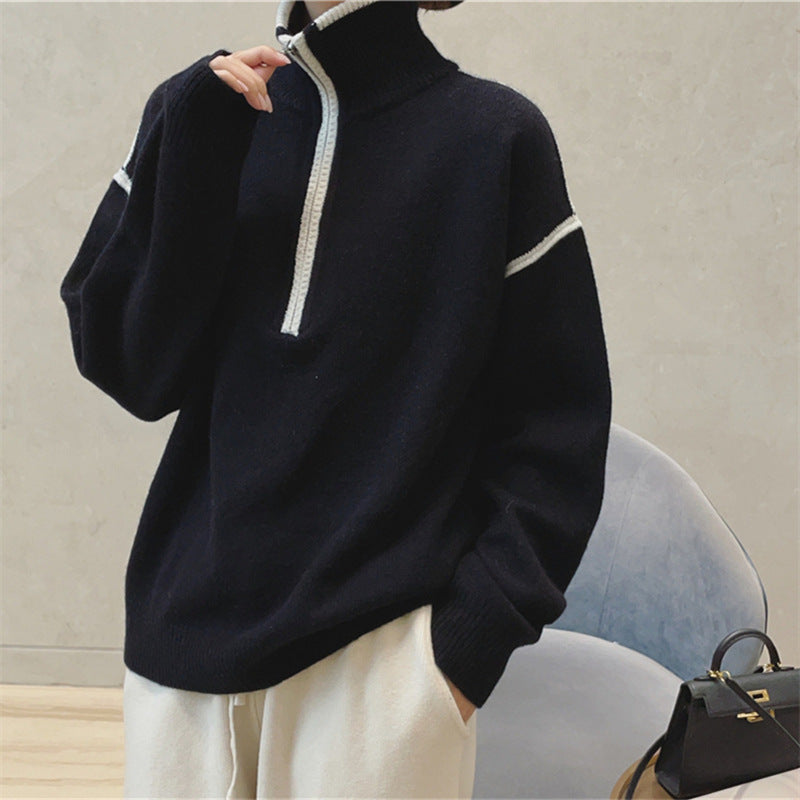 Pull-over col montant zippé ample pour femme à rayures multicolores