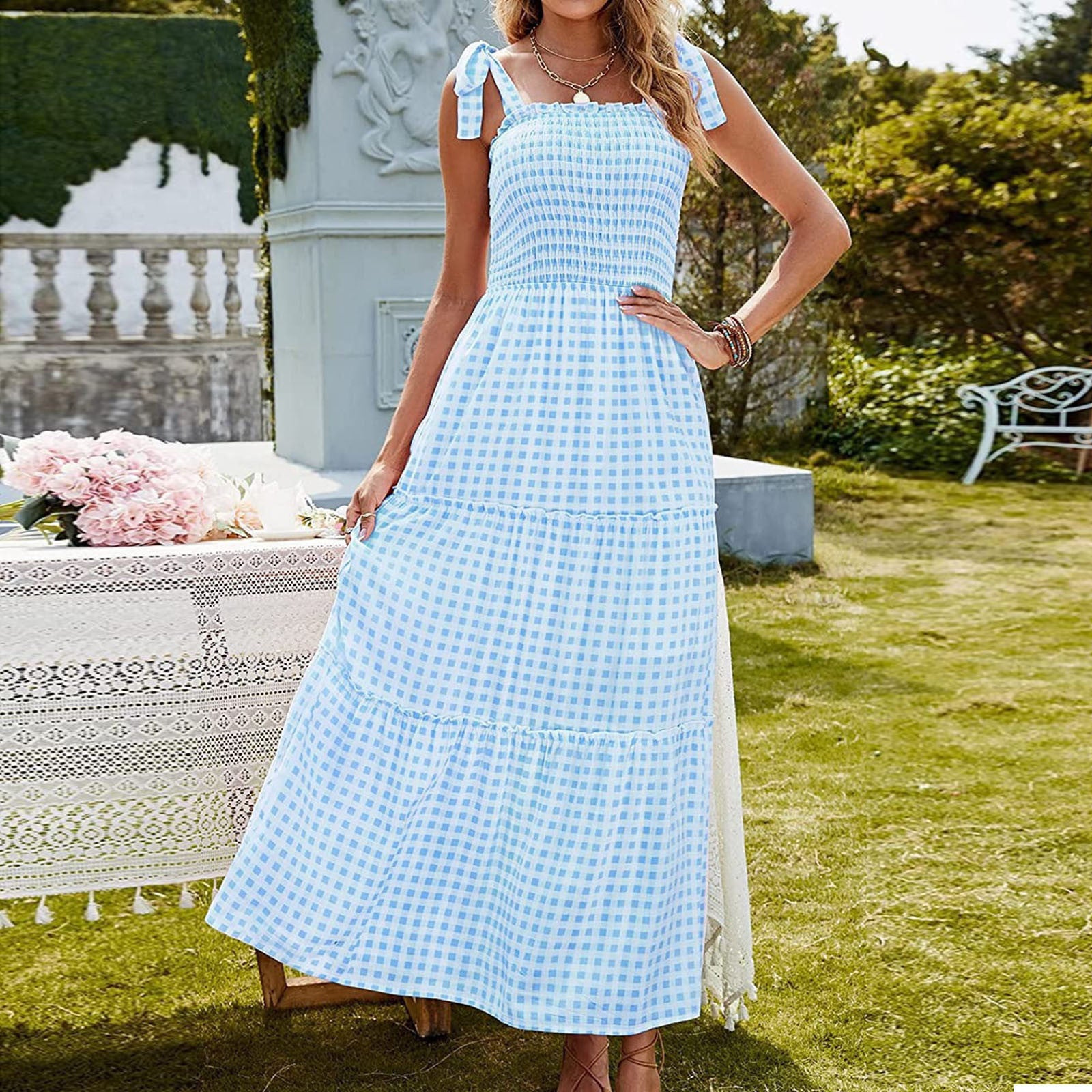 Robe longue à carreaux avec nœud pour femme