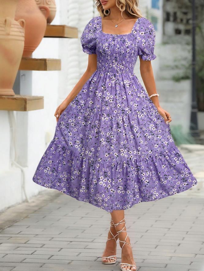 Robe Étagée Imprimé Floral Col Carré Manches Bouffantes