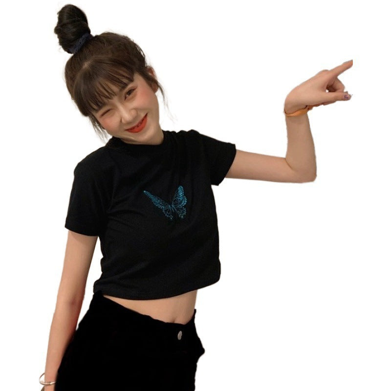 Women's Short-Sleeve Butterfly Print Cotton Blend Crop Top