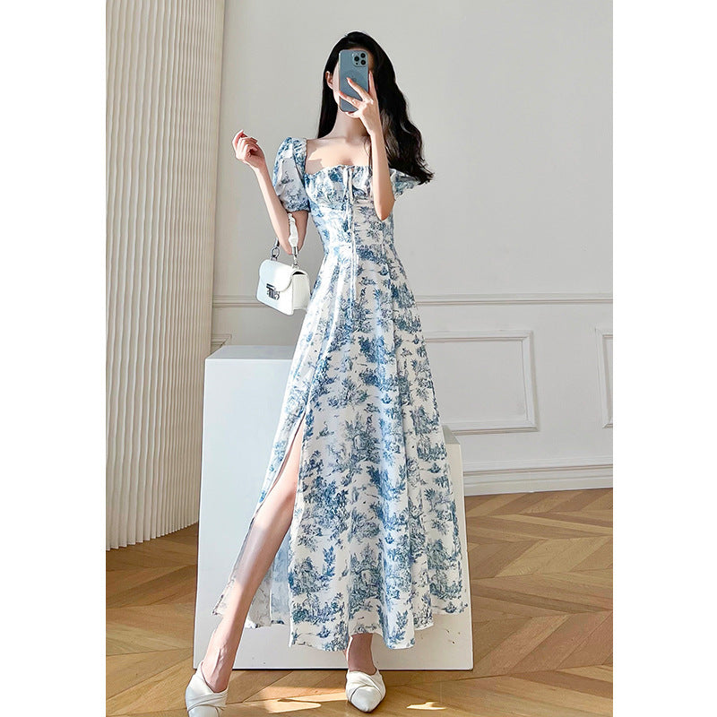 Vintage Floral Square Collar Puff Sleeve Dress in Sky Blue