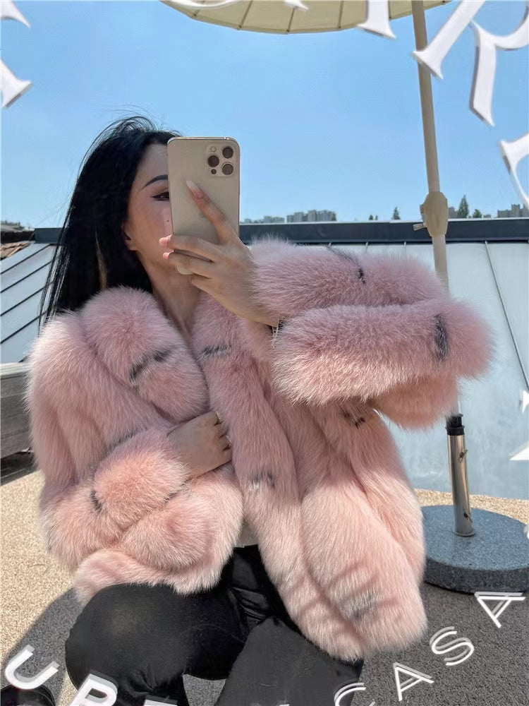 Whole Fox Fur Coat in Black, Pink & Apricot, Sizes S-XL