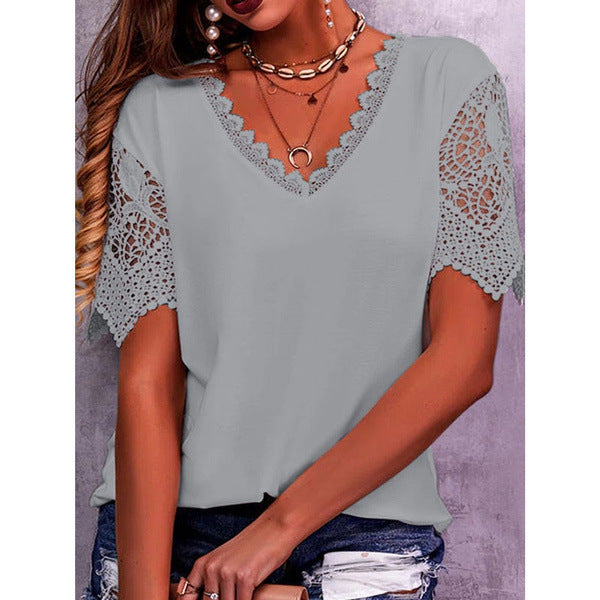 Women’s Summer Lace V Neck Loose Short Sleeve Casual Tops