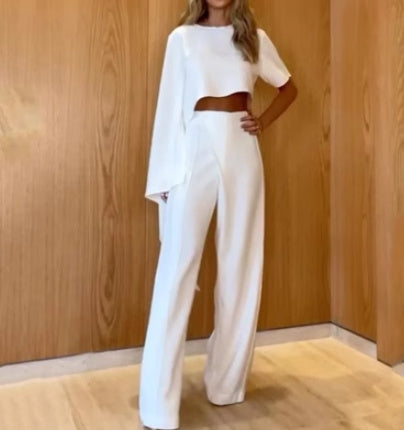 Ensemble deux pièces décontracté à manches longues de couleur unie pour femme
