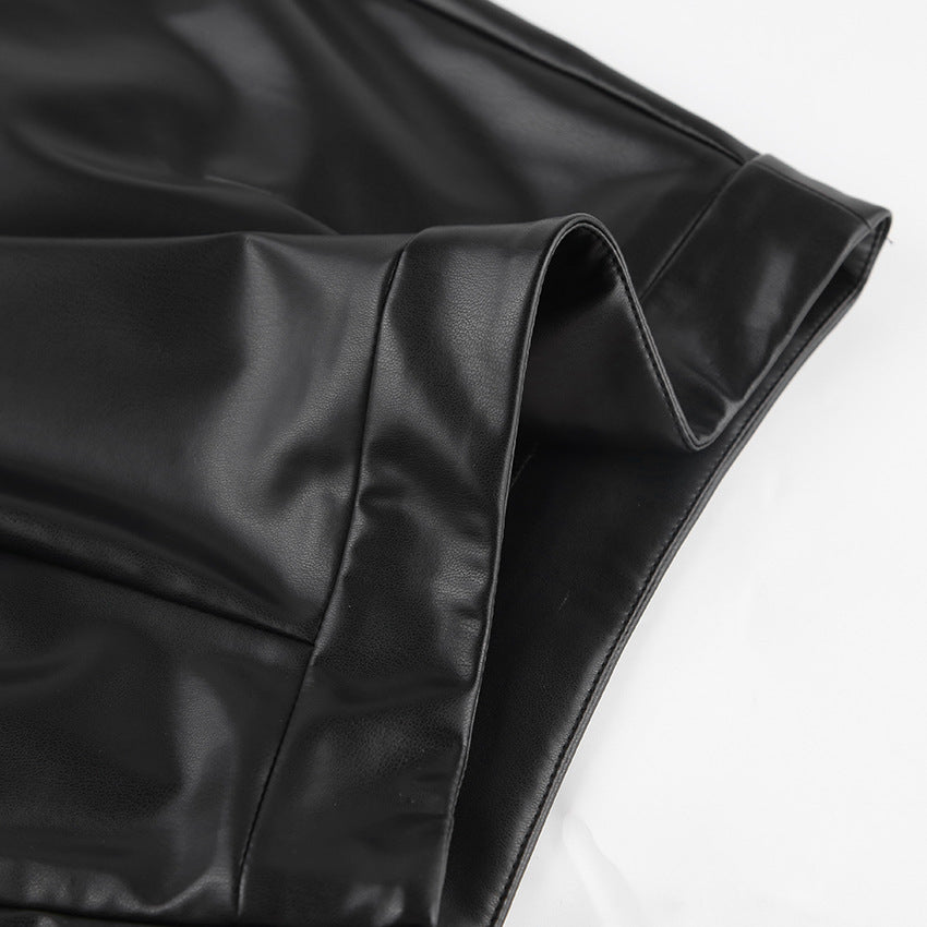 Black PU Leather High Waist Mid-Length Slit Skirt