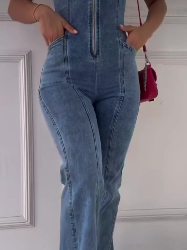 Sleeveless Paneled Denim Zipper Jumpsuit