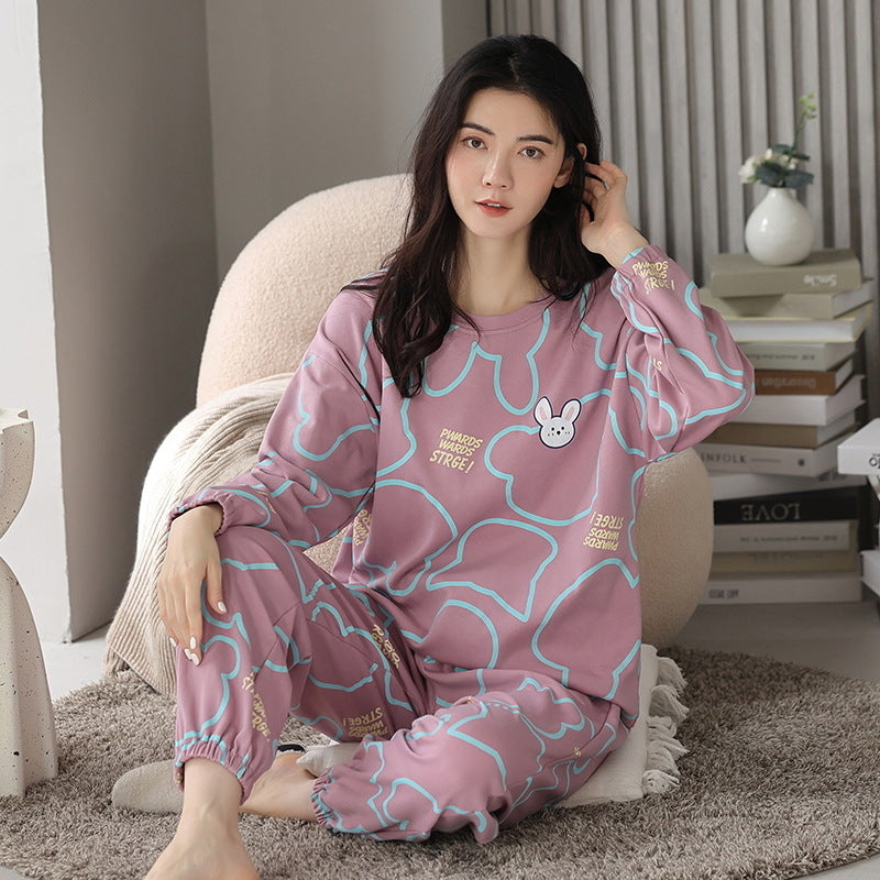 Ensemble de pyjama en coton mélangé imprimé ample pour femme - Haut à manches longues et pantalon - Vêtements de nuit et de détente pour automne et hiver