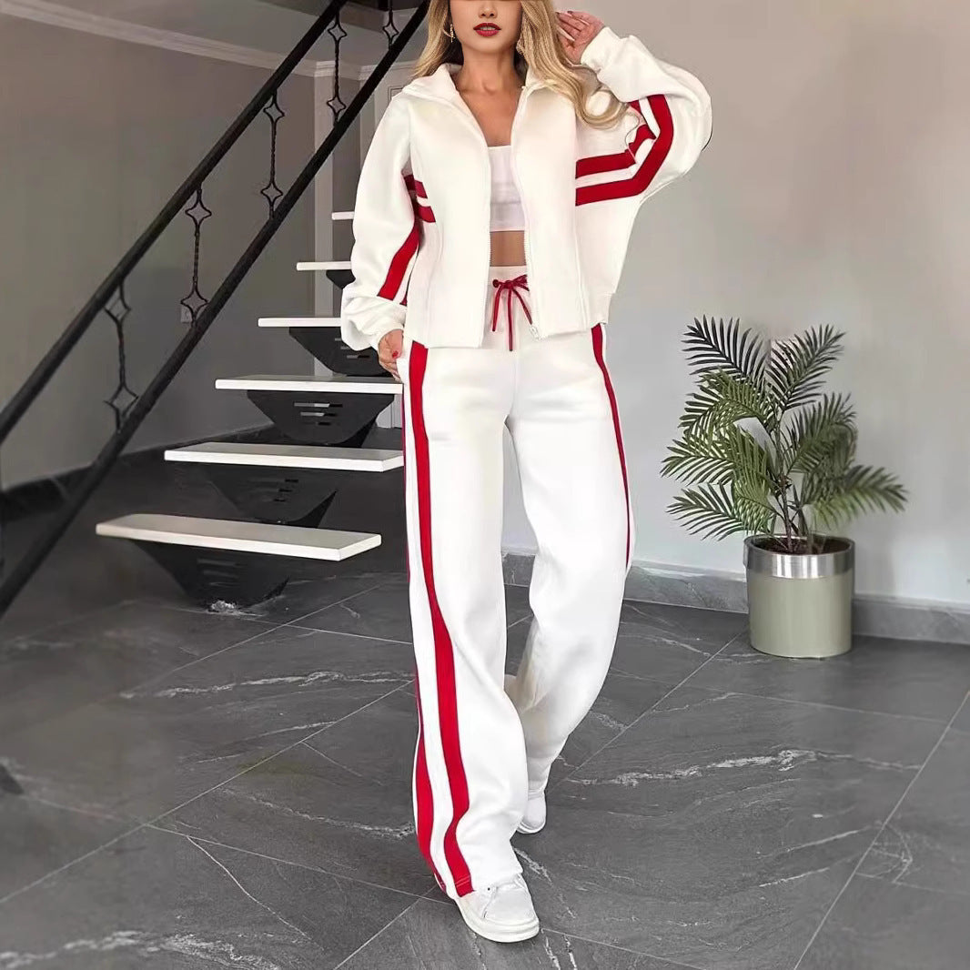 Women’s Casual Striped Zipper Coat and Trousers Set
