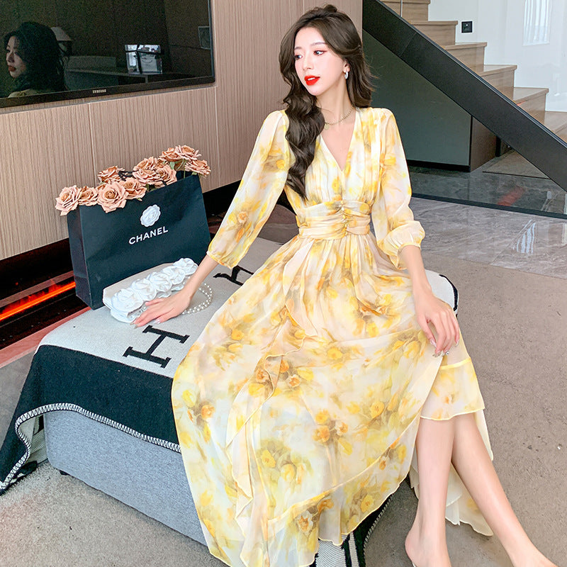 High-End Fashionable Yellow Chiffon A-Line Dress for Women