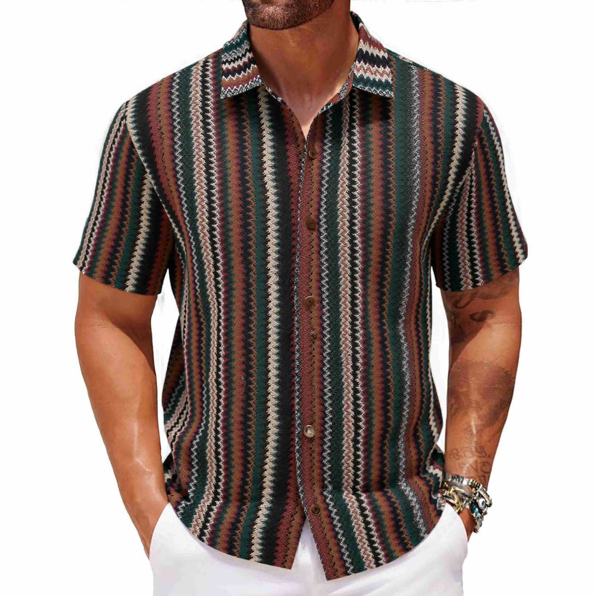 Cardigan d'été ethnique rayé en polyester pour homme, tailles M à 3XL