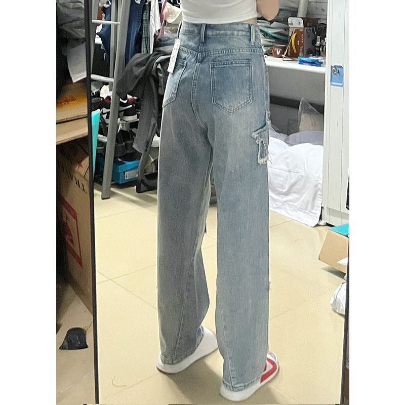 Blue Embroidered High-Waist Loose Straight-Leg Jeans for Women