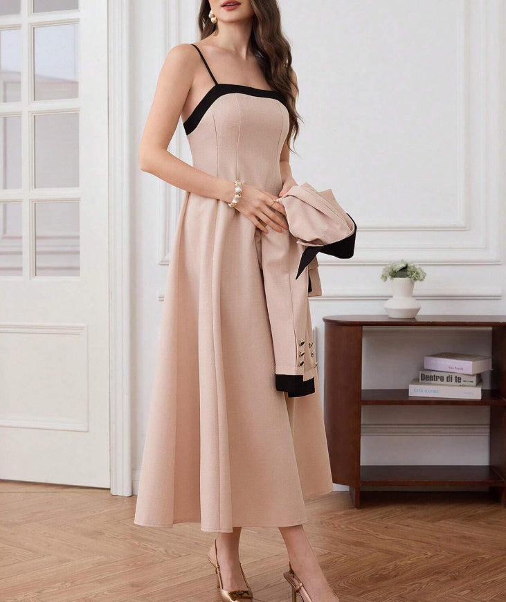 Women's Round Neck Long Sleeved Jacket And Camisole Skirt