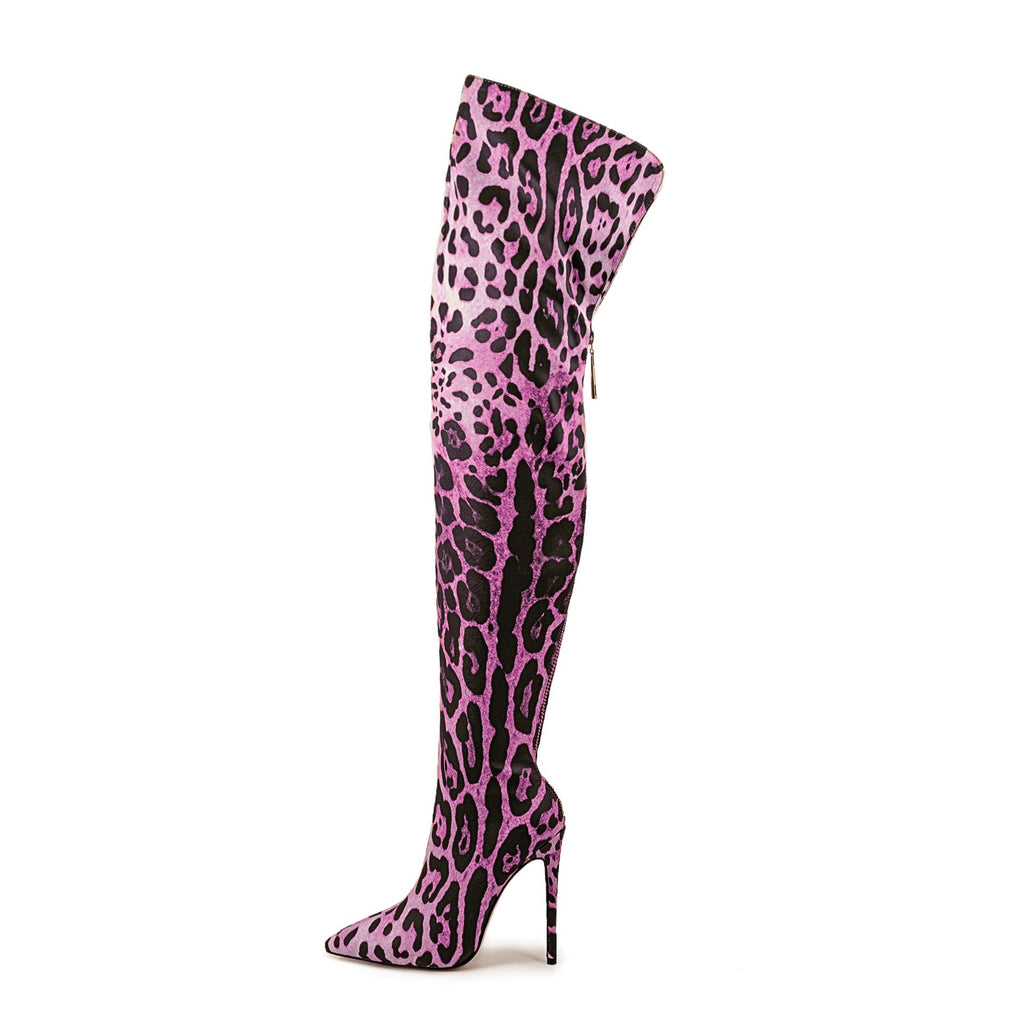 Bottes cuissardes stretch imprimé léopard à talons aiguilles et bouts pointus pour discothèque et pole dance