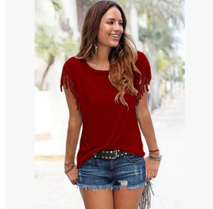Ladies Big Size Round Neck Short Sleeve Tassel Cotton T-Shirt for US & Europe