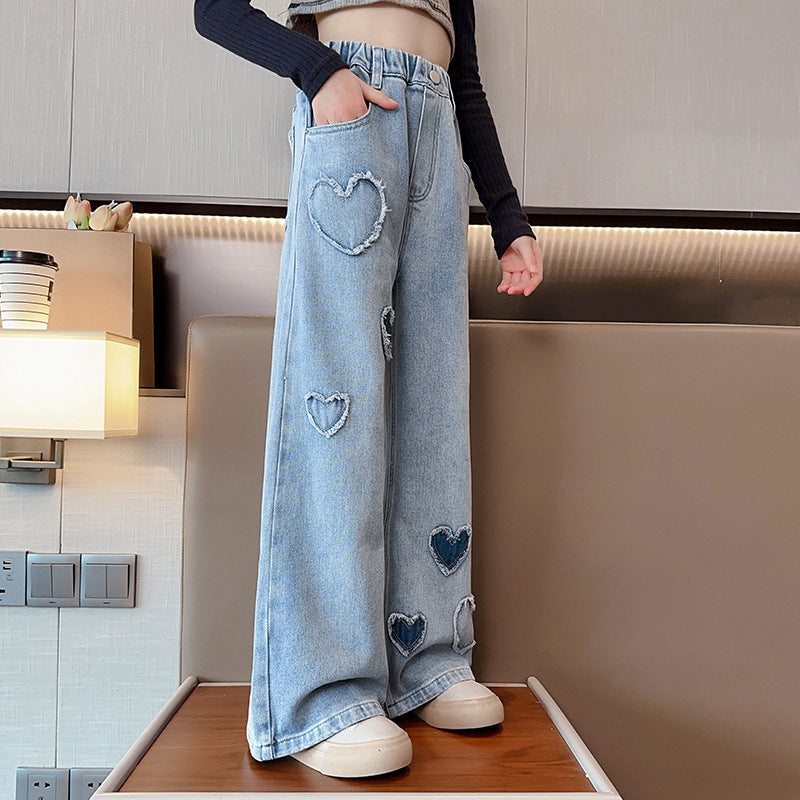 Girls' Blue Raw Edge Denim Wide-Leg Pants