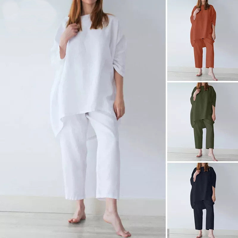 Women's Loose Fitting Casual Cotton And Linen Two Sets