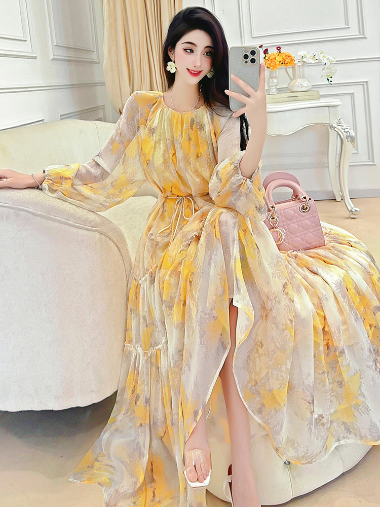 Women's Floral Chiffon Dress with Round Neck, One Size